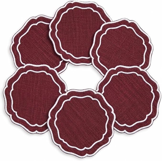 Linen Coasters for Drinks, 4.5 inch, Cinnabar | Absorbent Linen Drink Mats by EmbroideryLinenVN