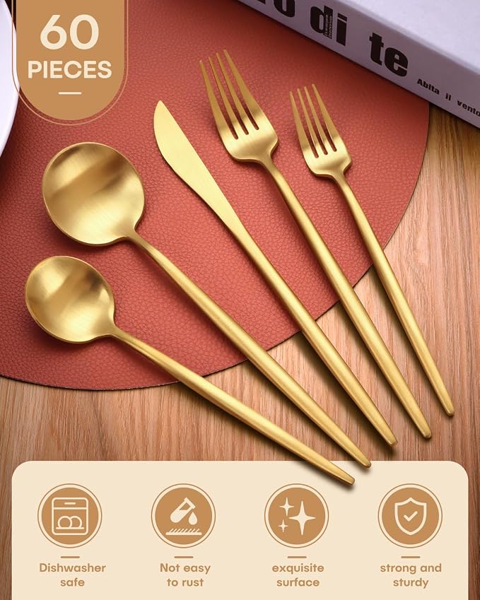 Gold Silverware Set, Ollex 60-Piece Modern Silverware Set - Image 2