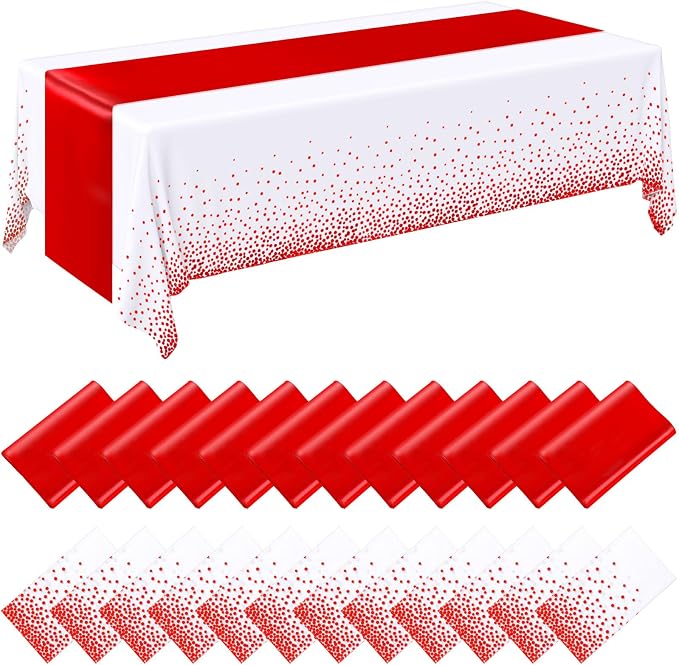 24 Pack White and Red Disposable Plastic Tablecloths and Satin Table Runner Set by Breling