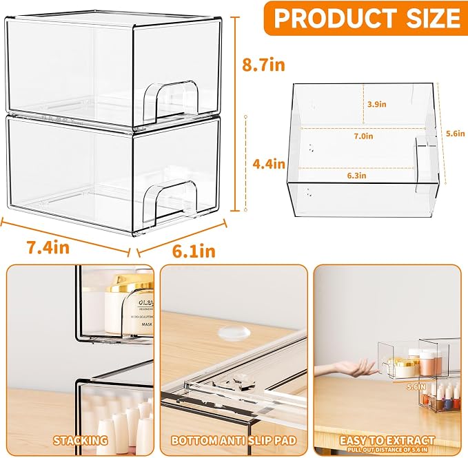 2 Pack Clear Stackable Storage Drawers, 4.4'' Tall Acrylic Drawer Containers - Image 3