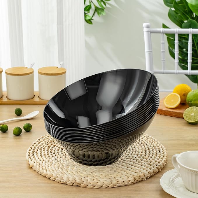 BESTVIP 54 Oz Black Plastic Angled Serving Bowls, 12 Pack | Disposable Bowls - Image 4