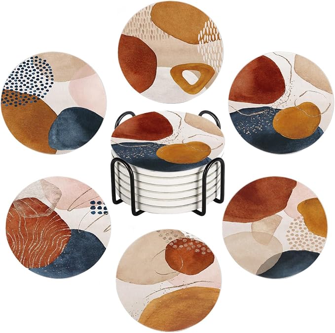 Drink Coasters for Drinks Set of 6, Terracotta Navy Orange and Gold Abstract by Ansouyi