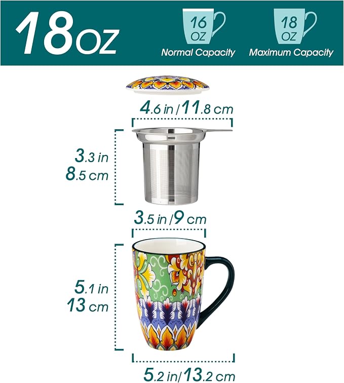 vancasso Ceramic Tea Mug with Infuser and Lid, 18 Ounce Bohemian Loose Leaf Cup - Image 2
