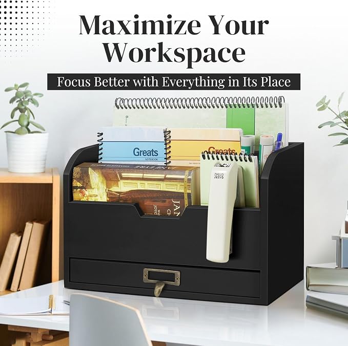 Flexzion Wood Desk Organizer, 3-Tier Mail Organizer w/Drawer, Light Brown | - Image 2