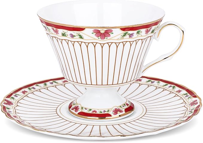 fanquare Nordic Style Tea Cup and Saucer, Classic Stripes Floral Teacup by fanquare