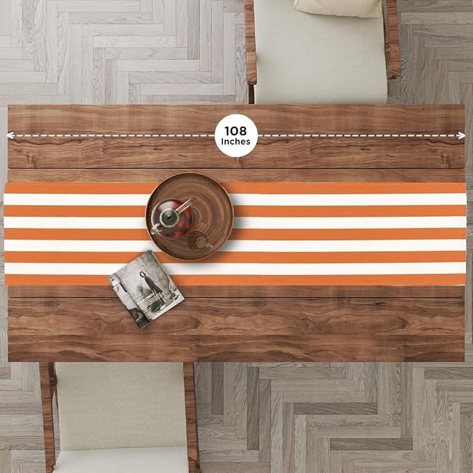 Folkulture Fall Table Runner 90 Inches Long | Orange & White Striped | Table - Image 2