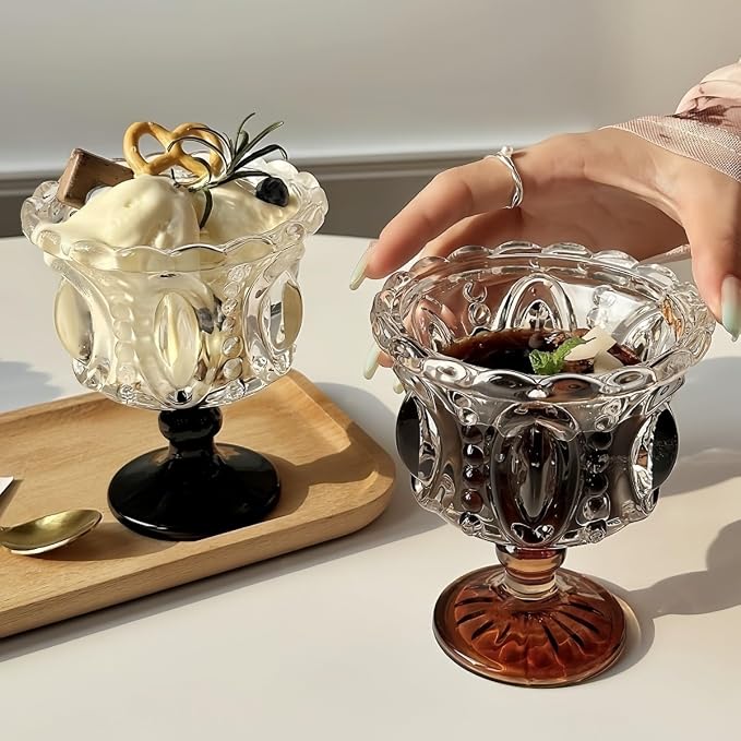 Carnival Glass Vintage Footed Dessert Cups Set of 2, 9oz Embossed Goblet - Image 8