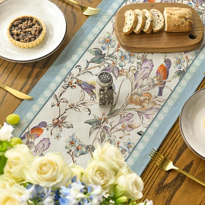 Artoid Mode Blue Birds Flowers Blossom Table Runner, Seasonal Spring Floral - Image 5