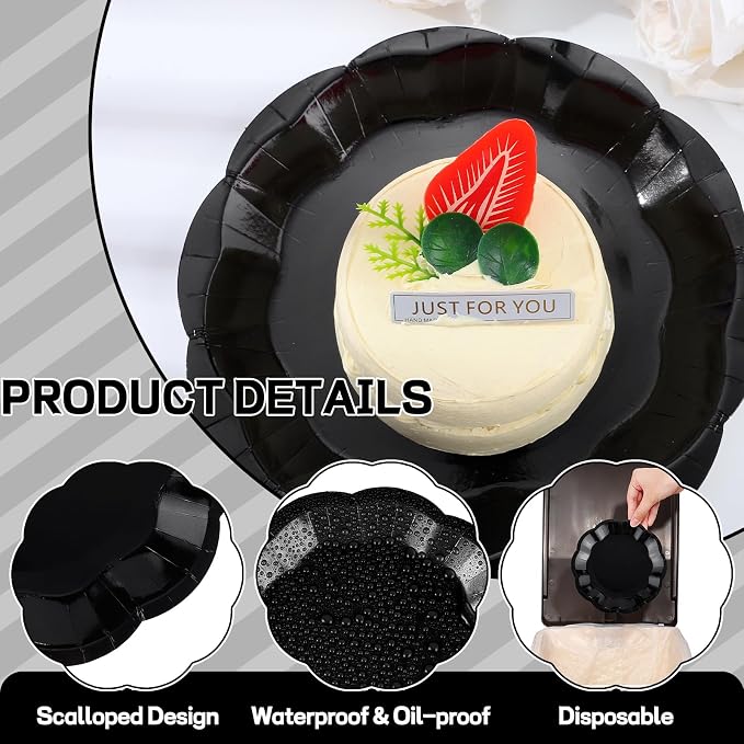 NatNarr 30 Pcs Black Paper Plates, 7 Inch Scalloped Black Plates | Cake Dessert - Image 3