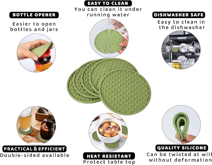 Rubber Coasters Set 6 with Holder, Non-Slip Silicone Drink Coaster Cup Mats | - Image 8