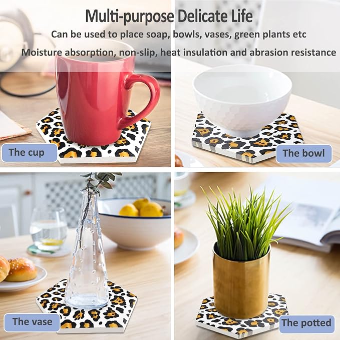 8 Pcs Drink Coasters with Metal Holder Stand, Leopard Print Design Ceramic - Image 6