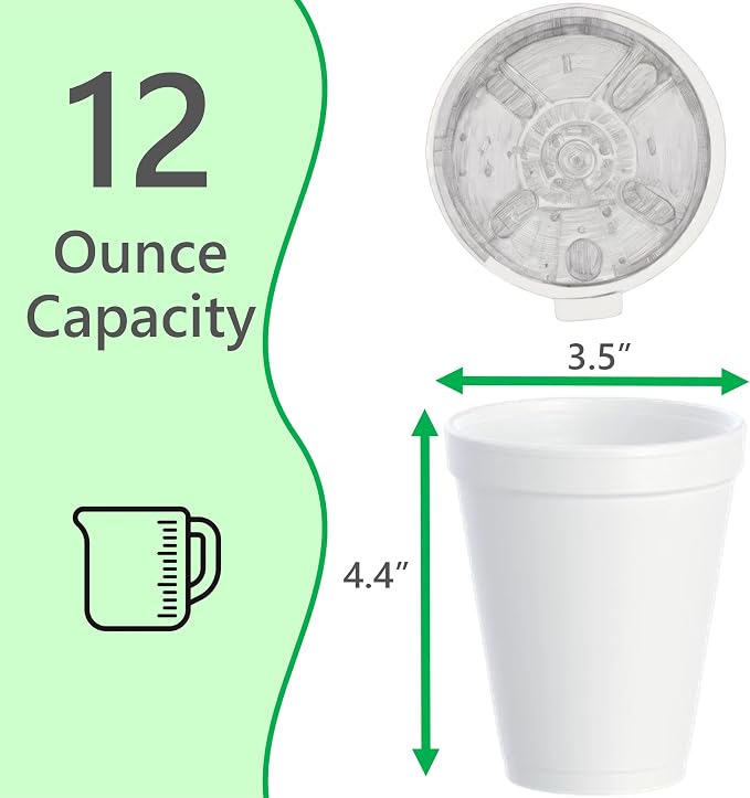 12 OZ Foam Cups for Hot & Cold Drinks, USA-Made 100-Pack - Image 2
