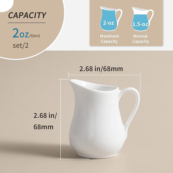 Gurygo 2 Oz Creamer with Handle, Small Classic White Fine Porcelain Creamer - Image 3