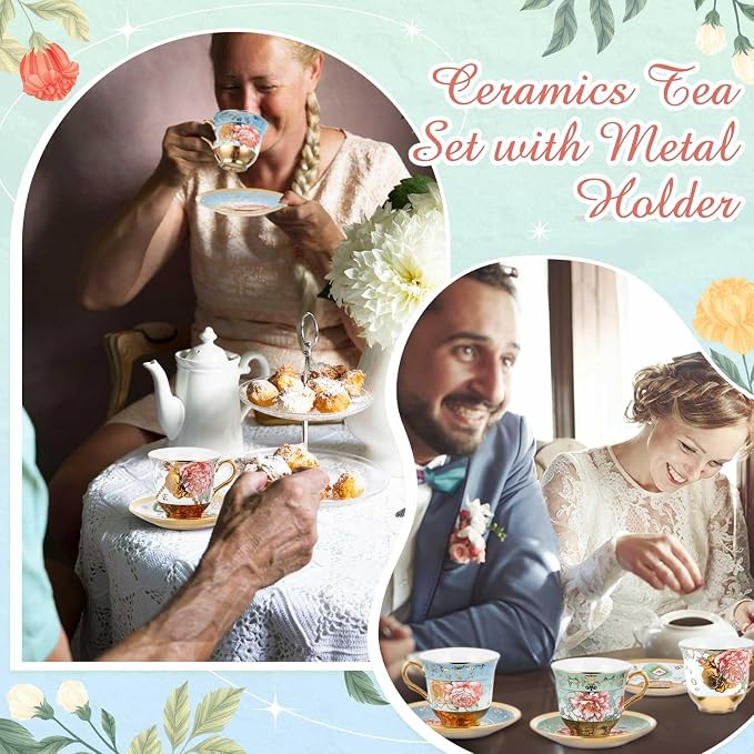 Teenyyou Set of 12 Tea Cups and Saucers Tea Party Decorations Floral Porcelain - Image 6