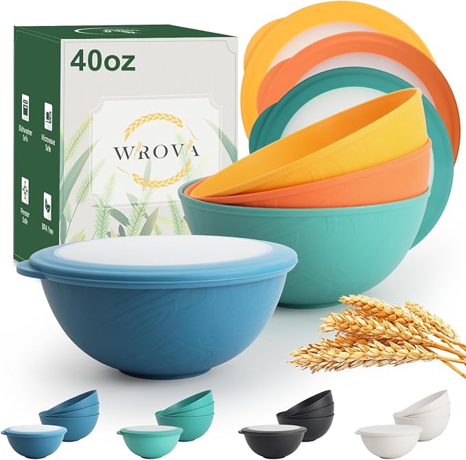 40oz wheat straw bowls with lids set of 4, cereal bowls with covers anti-leaking by WROVA