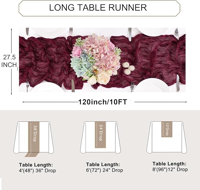 Snowkingdom 6PCS 10 Ft Burgundy Red Cheesecloth Table Runner, 120inch Long - Image 7