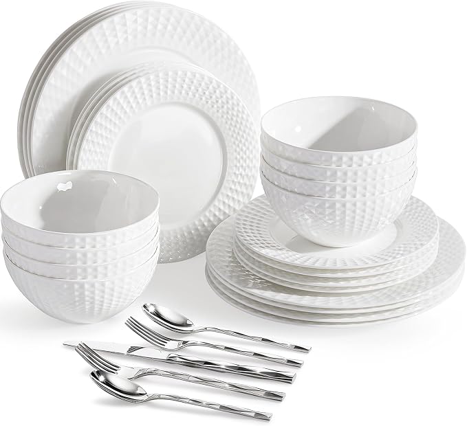 64Pc Bone China Dinnerware & Silverware Set, by KINGSTONE