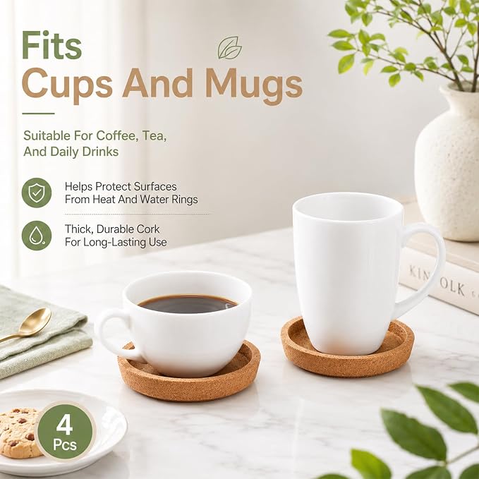 Cobee 4 Pack Cork Coasters, Absorbent Round Cup Coasters - Image 7