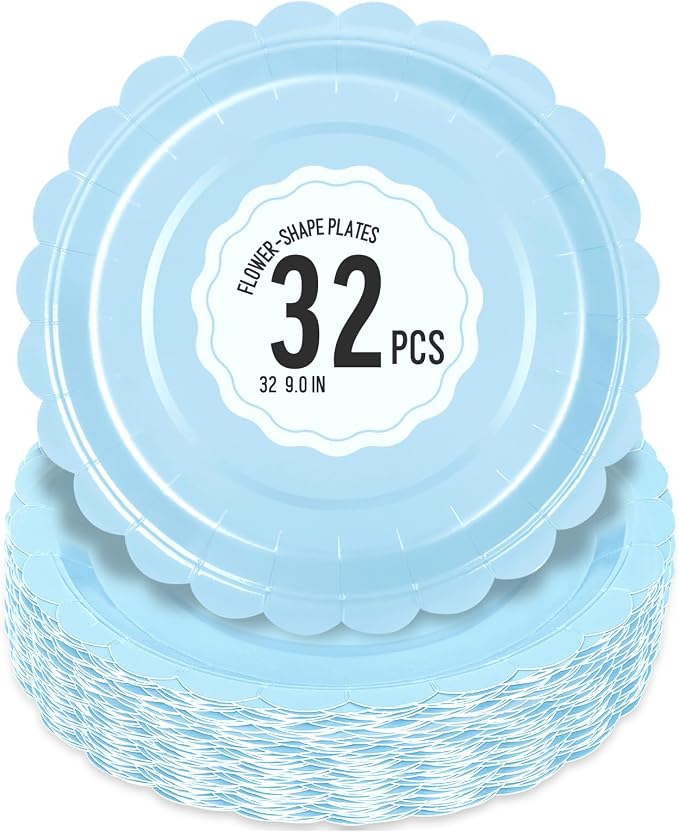 32 Pcs Light Blue Paper Plates 9 Inch Scalloped Dessert Plates by Polinook-TheAnswerToEveryClutteredSpace