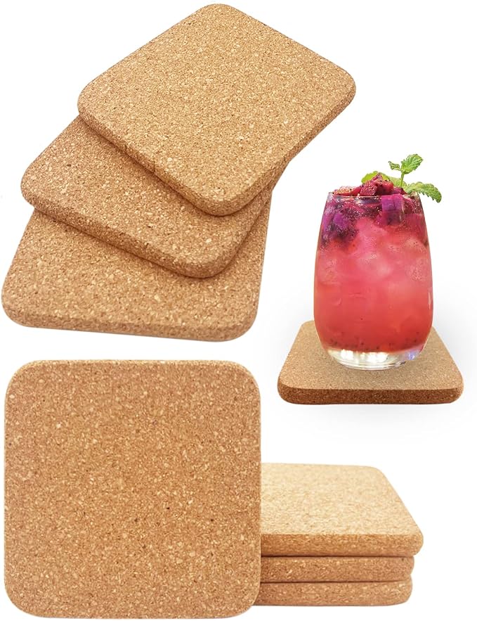 Cork Coasters for Drinks, 4 x 4 Inches | High Density Thick Fine Particle Cork by KITLAB