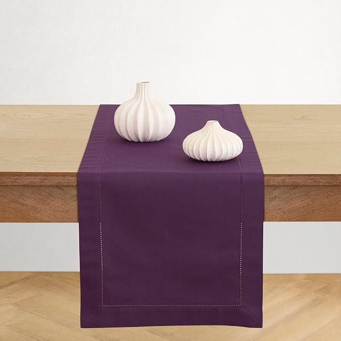 Solino Home Cotton Linen Dining Table Runner Purple Hemstitch, 14 x 108 in | by SolinoHome