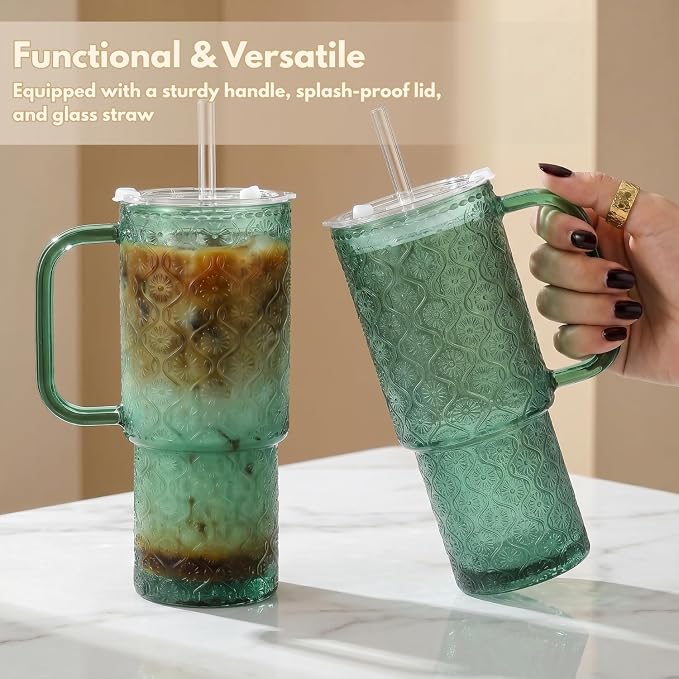 20 oz Green Glass Tumbler with Lid and Straw, Glass Iced Coffee Cups, - Image 3