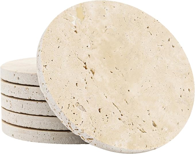 Italian Travertine Coasters Set of 6, Farmhouse Rustic Neutral Style Marble by YONGHEE