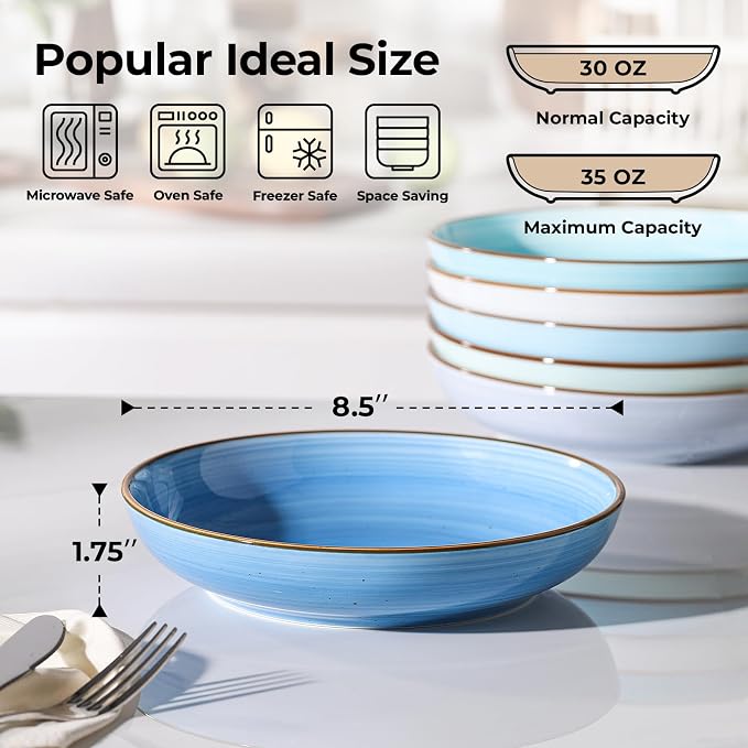 Y YHY 8.5'' Pasta Bowls Set of 6, 30 oz Ceramic Shallow Salad Bowls, Large - Image 2
