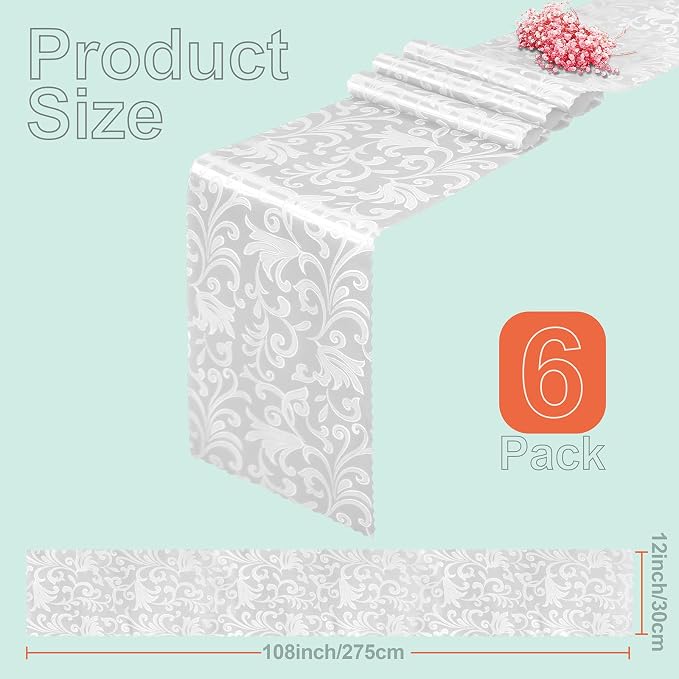 White Satin Table Runner 12 x 108 Inch, 6 Pack | Bright Smooth Damask, Silky - Image 3