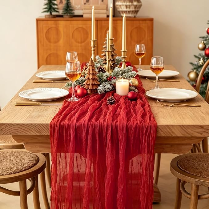 3Pcs Red Table Runner, 10FT Rustic Gauze Red Table Runner 35*120inch Boho Table - Image 4