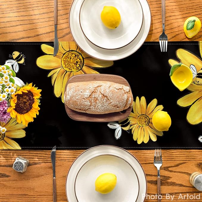 Artoid Mode Bee Sunflower Table Runner Black, Seasonal Spring Summer Flower - Image 3