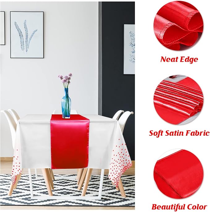 8Pack Disposable Plastic Tablecloths and Satin Table Runner Set White and Red - Image 3