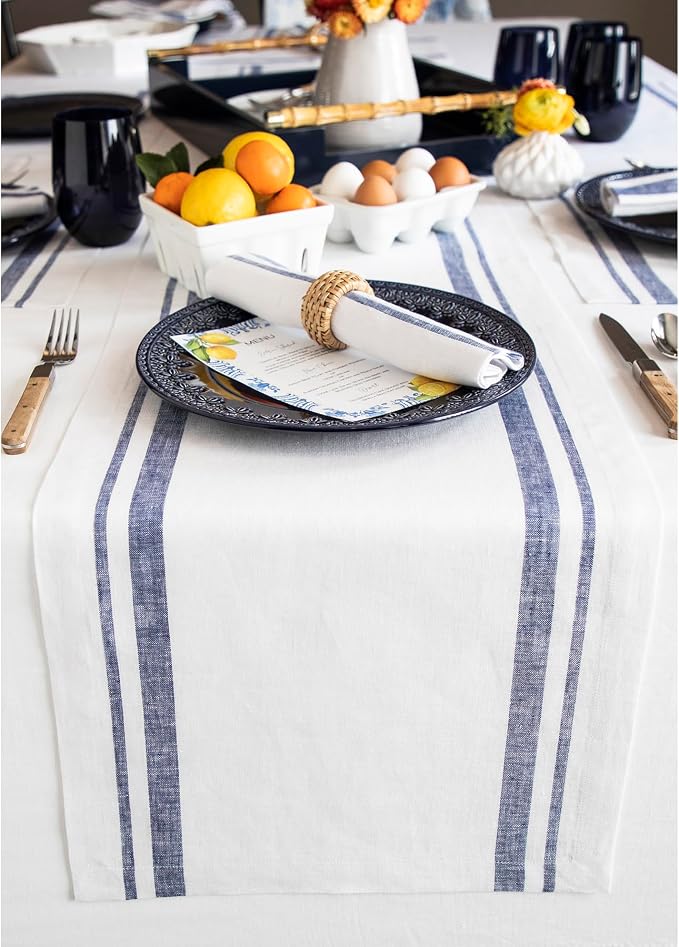 Solino Home 100% Pure Linen Table Runner, 14 x 120 in, French Stripe | Table by SolinoHome