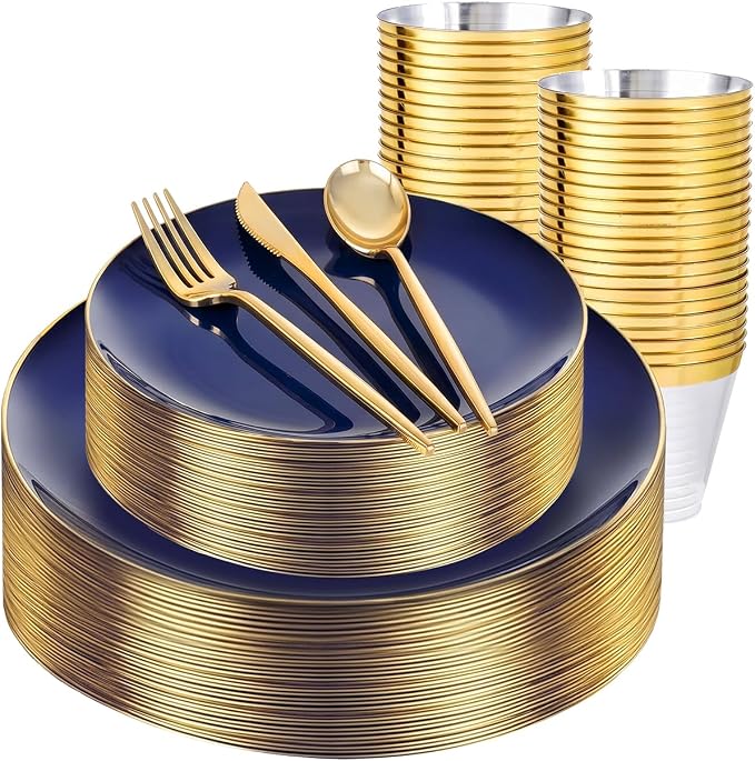 bUCLA 150PCS Blue and Gold Plastic Plates by BUCLA
