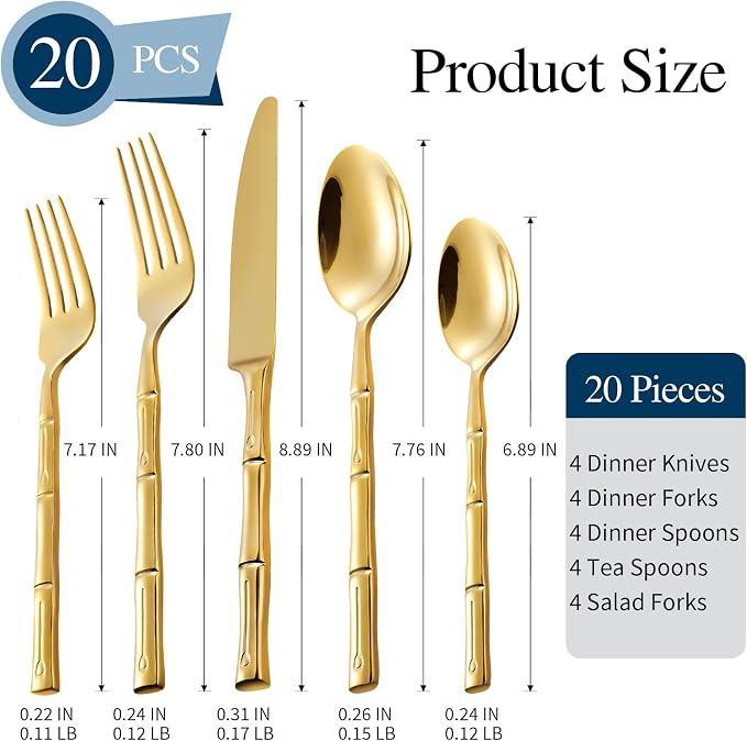 Gold Silverware Set 20-Piece Bamboo Pattern Service - Image 2