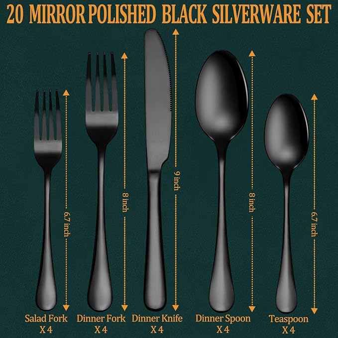 20 Pcs Black Silverware Set, Stainless Steel Flatware Set - Image 2