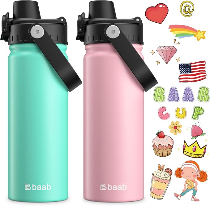 baab 20oz Kids Insulated Water Bottle 18/8 Stainless Steel Kids Cup 2 Pack | by baabKidWatterBottle