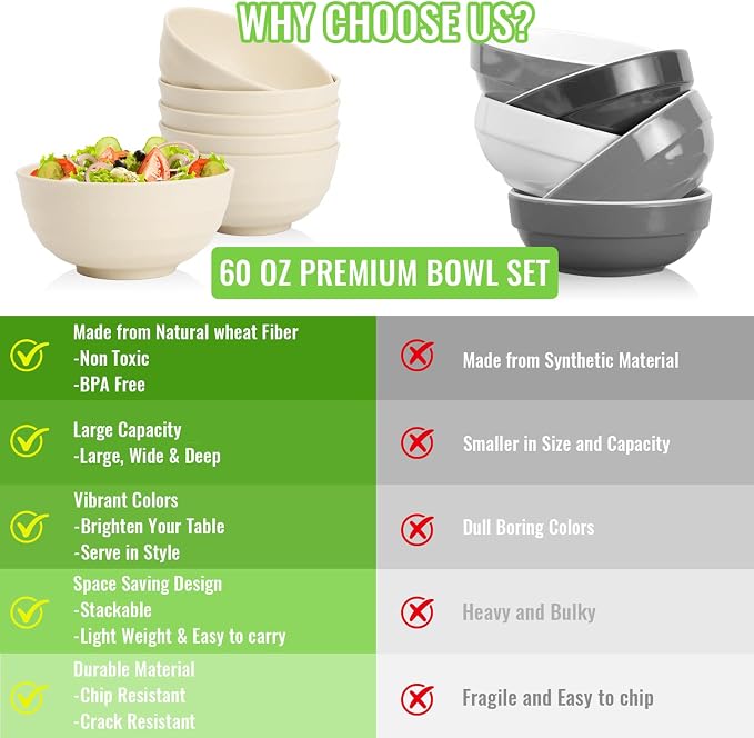 Large Wheat Straw Bowls Set of 6, 60 OZ Unbreakable Serving Bowls, Microwave - Image 8