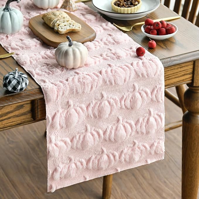Artoid Mode Pink Soft Faux Fur Pumpkins Fall Table Runner 13x90 Inch | Seasonal by ArtoidMode
