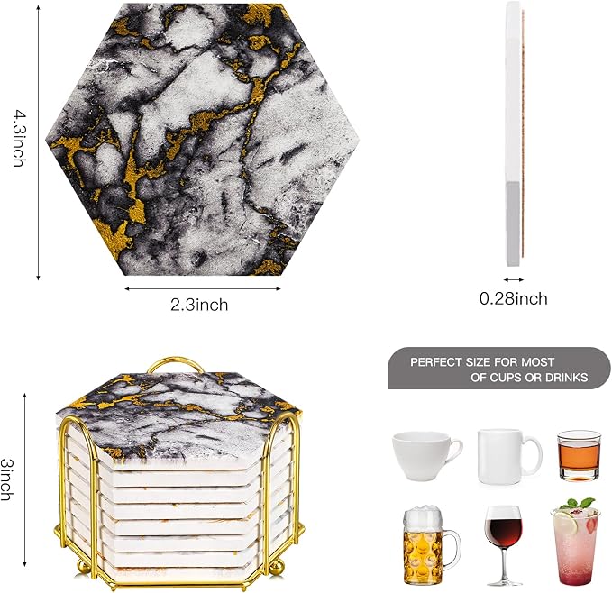 Gold Marble Coasters, Geichan Ceramic Bar Coasters Cute Dining Coffee Table - Image 4