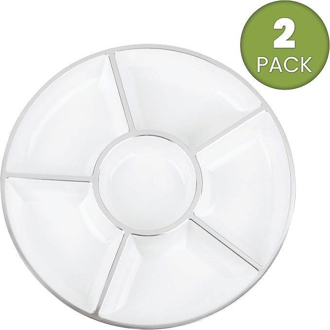 6 Sectional Round Plastic Serving Tray/Platters White W Silver Rim Pack of 2 - Image 3