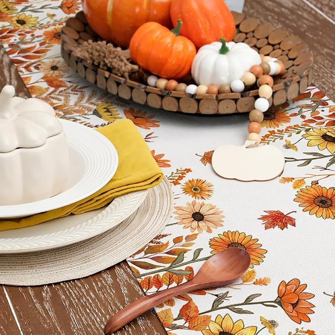 Fall Pumpkins and Sunflowers Table Runner 13x60 Inch, Maple Leaves Farmhouse - Image 5