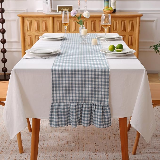 Dust Blue White Plaid Gingham Ruffle Table Runner 120 inches Long Christmas by KMASANIJI