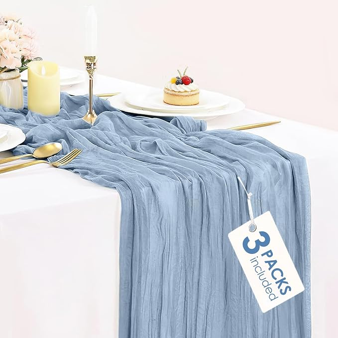 3 Pack Dusty Blue Cheesecloth Table Runner 35x120inch, Boho Rustic Semi Sheer by BlueTopCoLtd