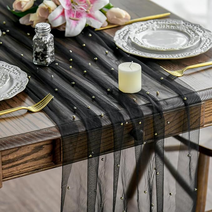 Artoid Mode 6PCS Pearl Black Gauze Table Runner 120 Inch 10FT, Seasonal Sheer by ArtoidMode