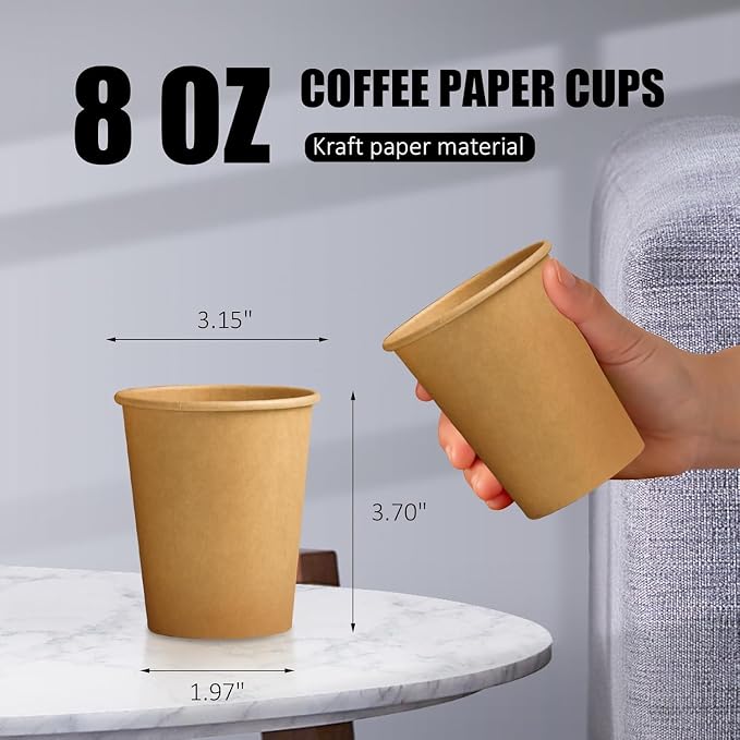 Clawsoff 400 Pack 8 oz Paper Cups Brown Kraft Disposable Hot Coffee Cups | - Image 2