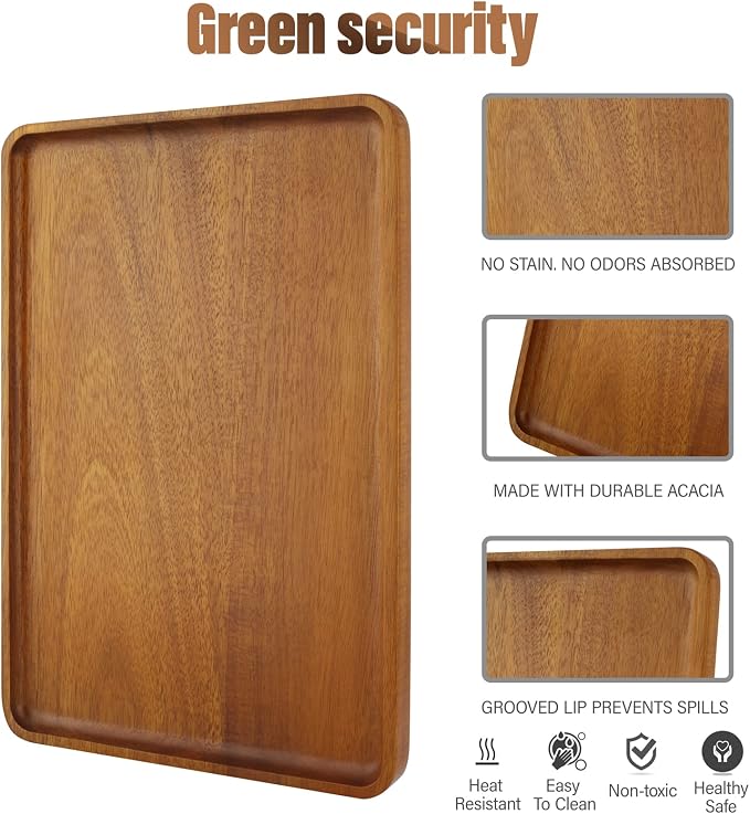 2 PCS 13 x 9 in Solid Acacia Wood Serving Trays Rectangular Wooden Serving - Image 3
