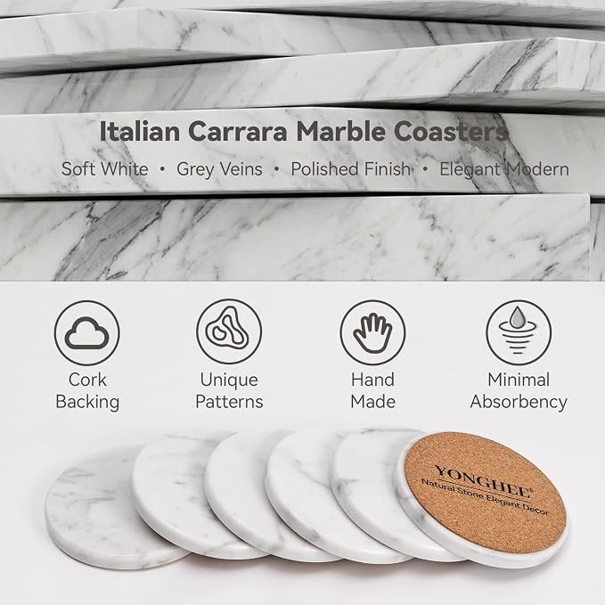 Soft White Marble Coasters Set of 6, Modern Elegant Drink Coasters - Image 3