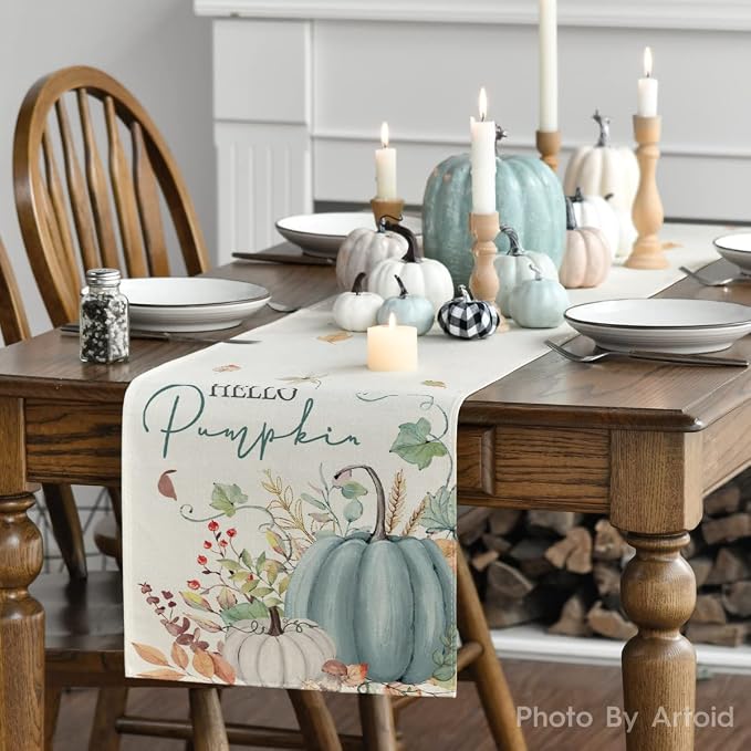 Artoid Mode 210 GSM Fall Table Runner 13x108 Inch Home Party Decor | Aqua Hello - Image 3