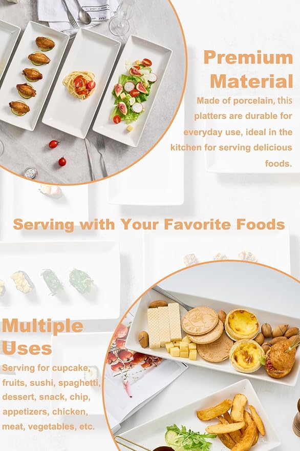 LAUCHUH Serving Platters for Party, 14-inch Porcelain Rectangle Plates | White - Image 4